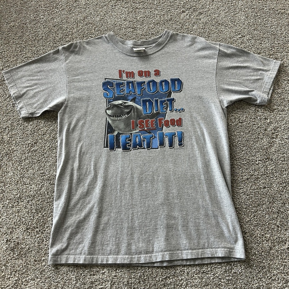 Y2K Finding Nemo Bruce Seafood Diet Shirt Mens Lg Gray Shark Tee T-Shirt Pixar